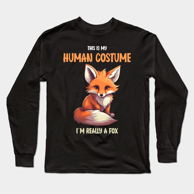 Cute Fox Halloween T-Shirt | This is My Human Costume Tee | Animal Lovers Shirt | Charming Anime Gift Idea | Easy Outfit Long Sleeve T-Shirt by Indigo Lake